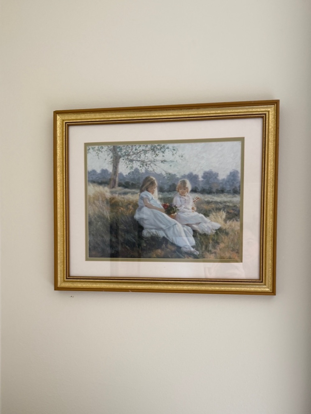Gold Framed Pastoral Print of girls Wall Art - White & Gold
